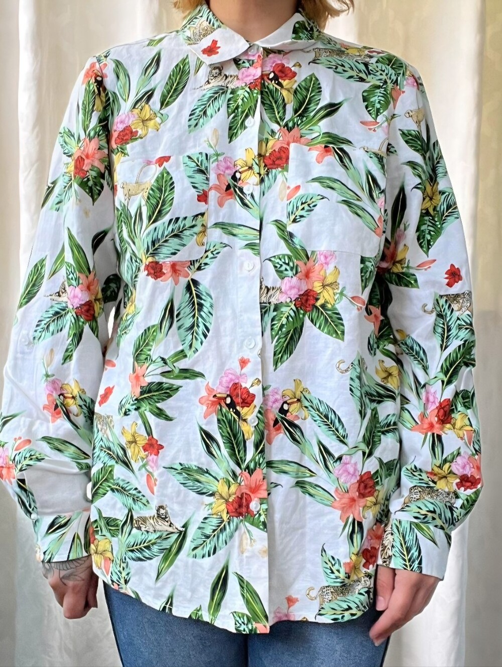 Charter Club Luxury White Linen Tropical Print Shirt Size Medium